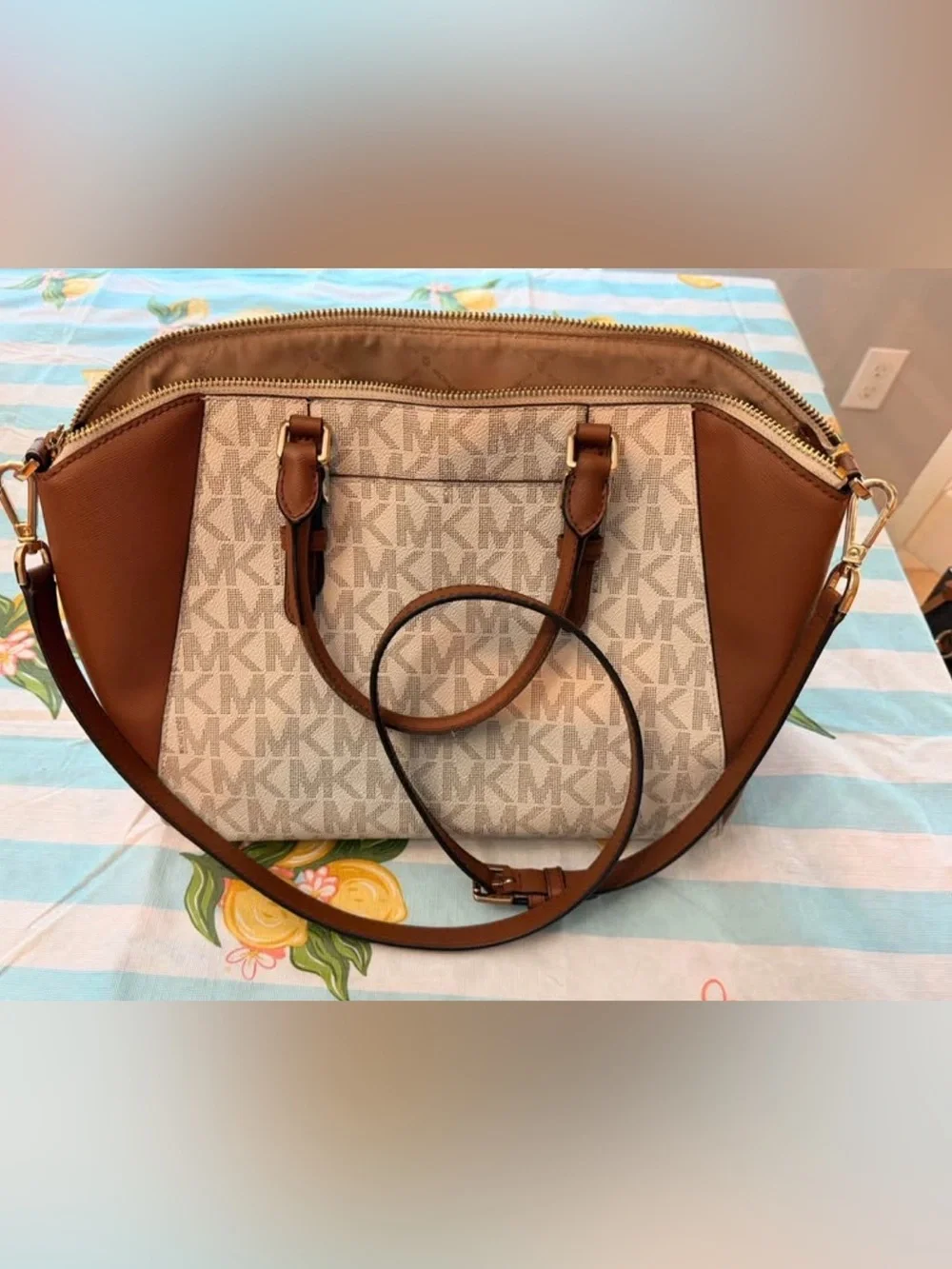 Michael Kors Beige Logo and Brown Leather Satchel